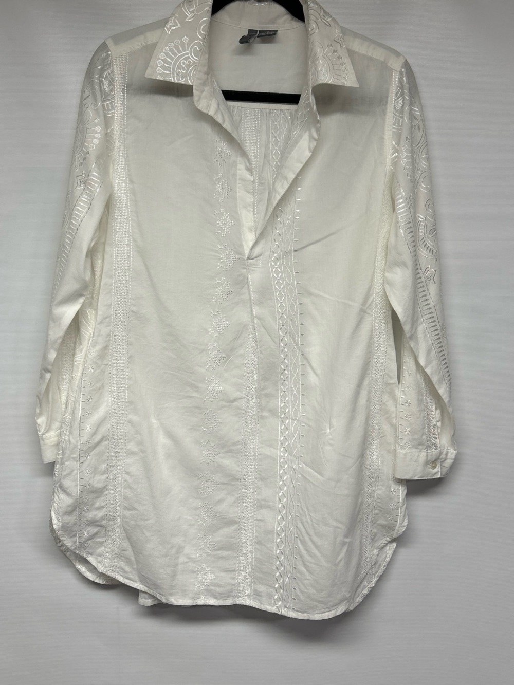 Women's White Embroidered Button-Down Tunic Shirt